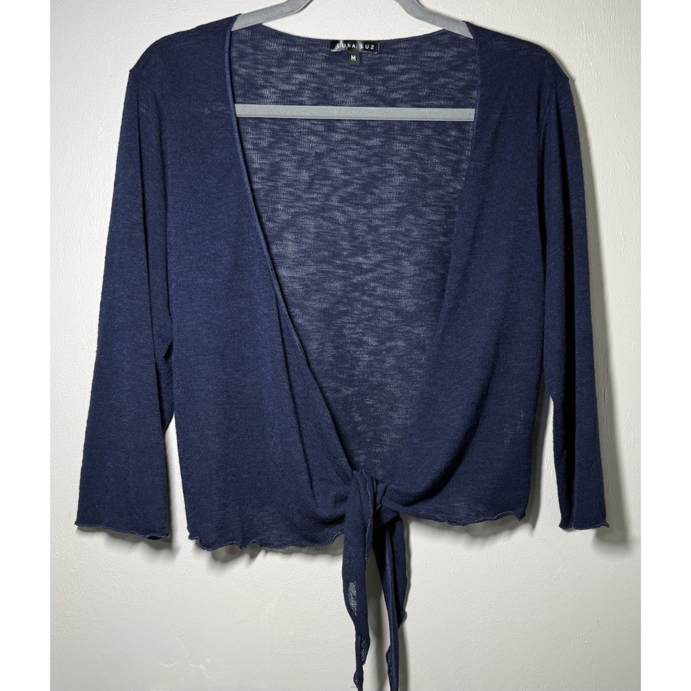 Luna Luz Cropped Cardigan Women's Size M Navy Blue Gauzy Open Front 3/4 Sleeve